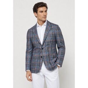 Spada Roma Blazer Mens IT54R US 44R Blue Linen Blend Sport Jacket Plaid